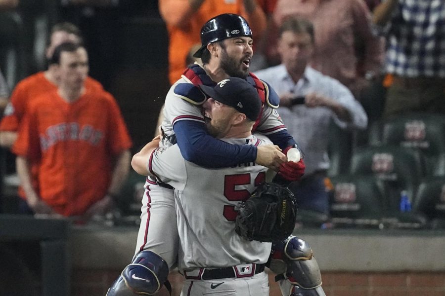 Atlanta Braves players Will Smith and Travis dArnaud celebrate after winning the World Series in Game 6 against the Houston Astros