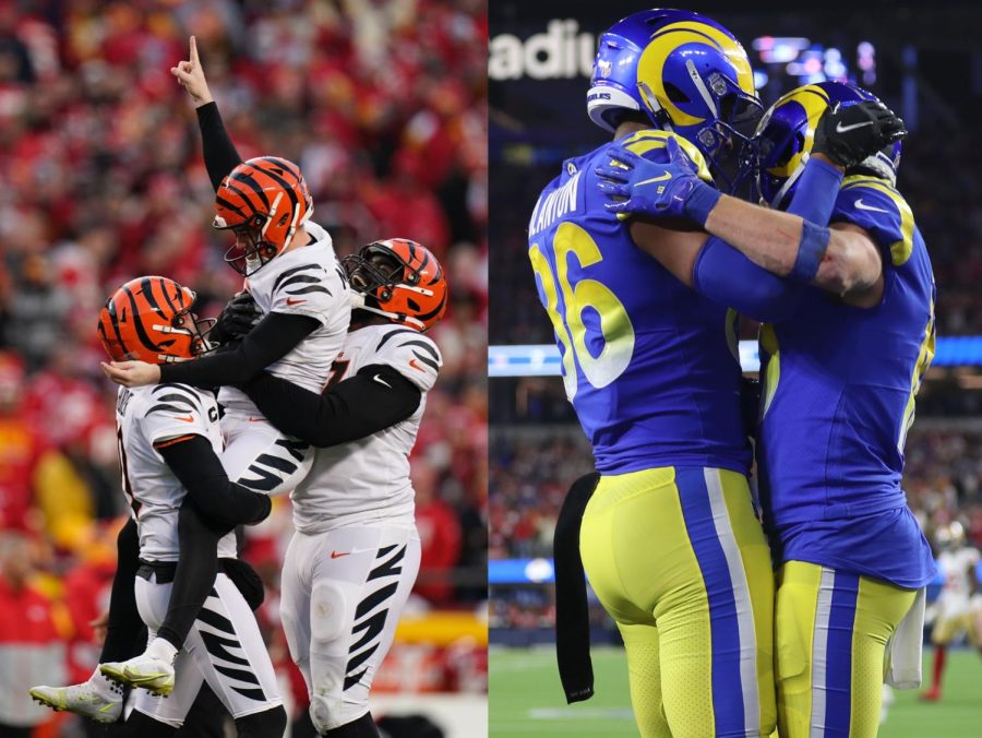 On the left, three Bengals players celebrate after a field goal. 
On the right, two Rams players celebrate after a touchdown.