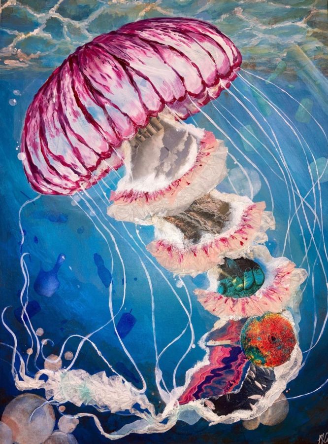 A piece by Malia Ludwick depicting the environmental impacts of ocean waste.