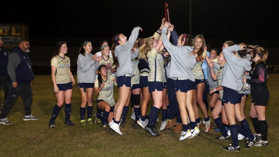Lady Dolphins celebrate their win over Milton to become the 2022 district champions.