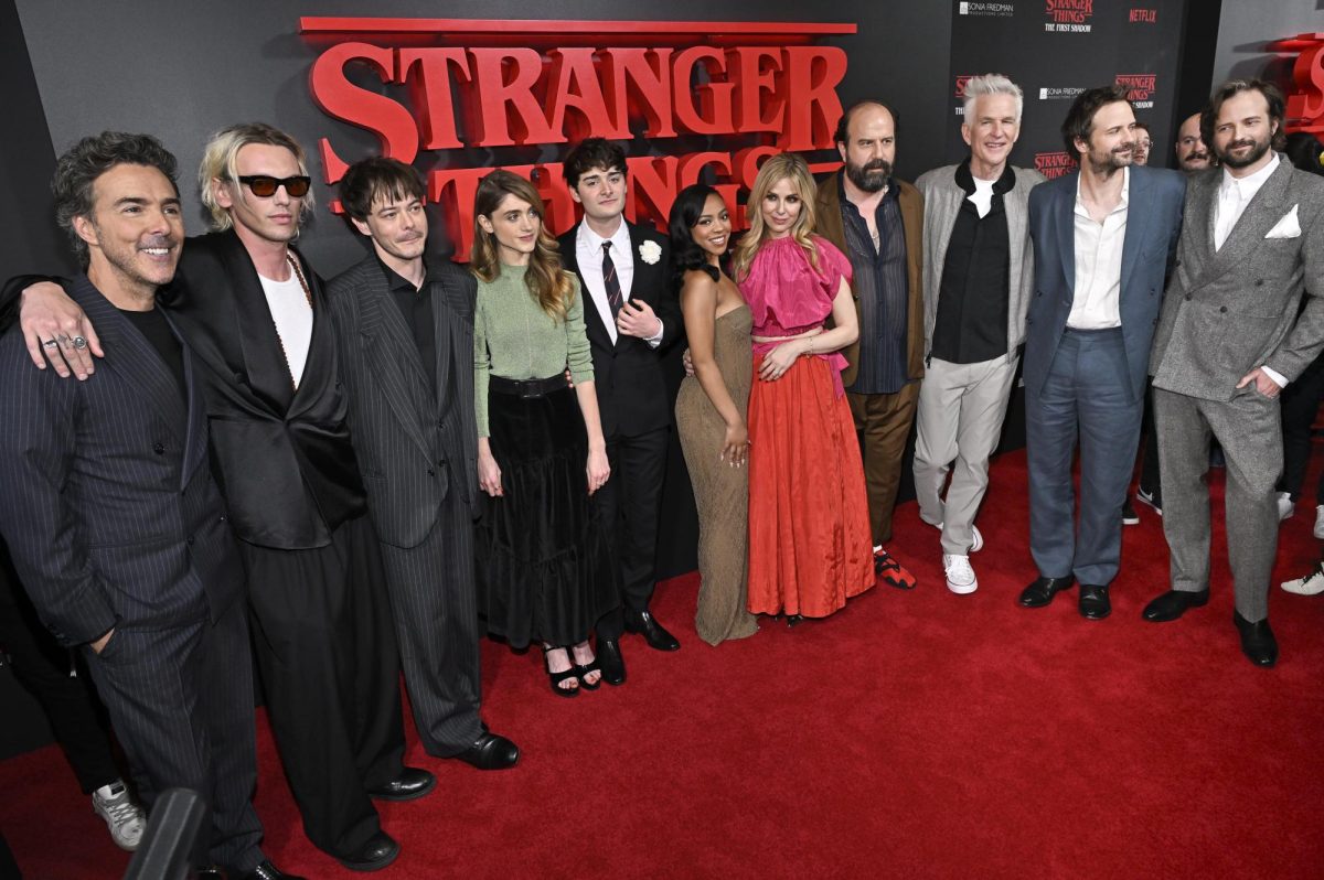 Shawn Levy, from left, Jamie Campbell Bower, Charlie Heaton, Natalia Dyer, Noah Schnapp, Priah Ferguson, Cara Buono, Brett Gelman, Matthew Modine, Ross Duffer and Matt Duffer attend "Stranger Things: The First Shadow" Broadway opening night at the New York Marriott Marquis on Tuesday, April 22, 2025, in New York. 