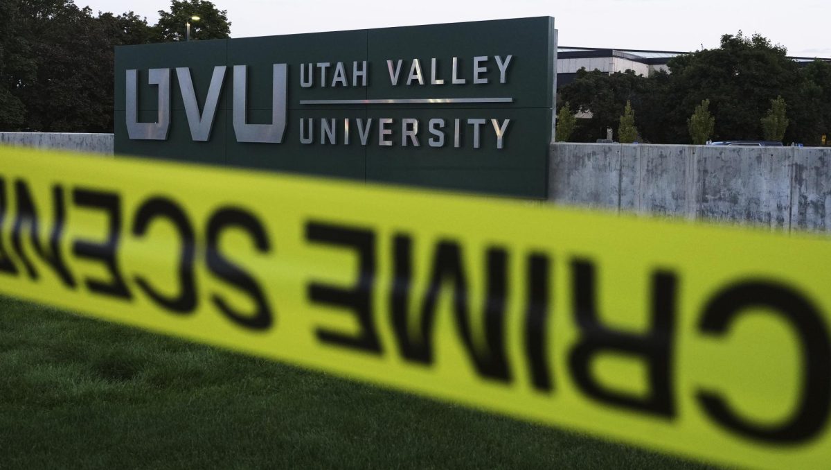 Crime scene tape surrounds Utah Valley University after Turning Point USA CEO and co-founder Charlie Kirk was shot and killed Sept. 13, 2025, in Orem, Utah.