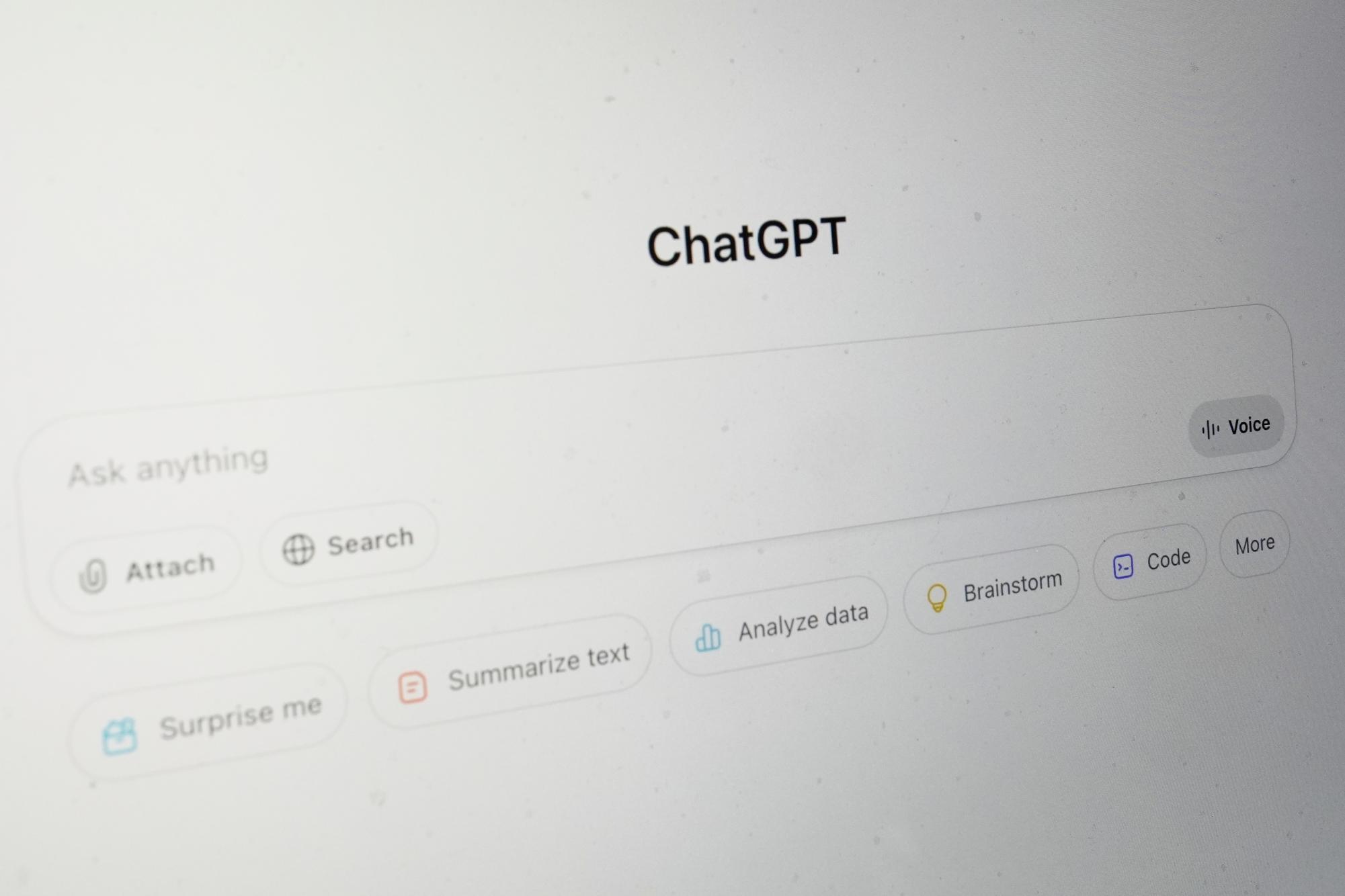 Chat GPT's landing page is seen on a computer screen, Aug. 4, 2025, in Chicago. (AP Photo/Kiichiro Sato)