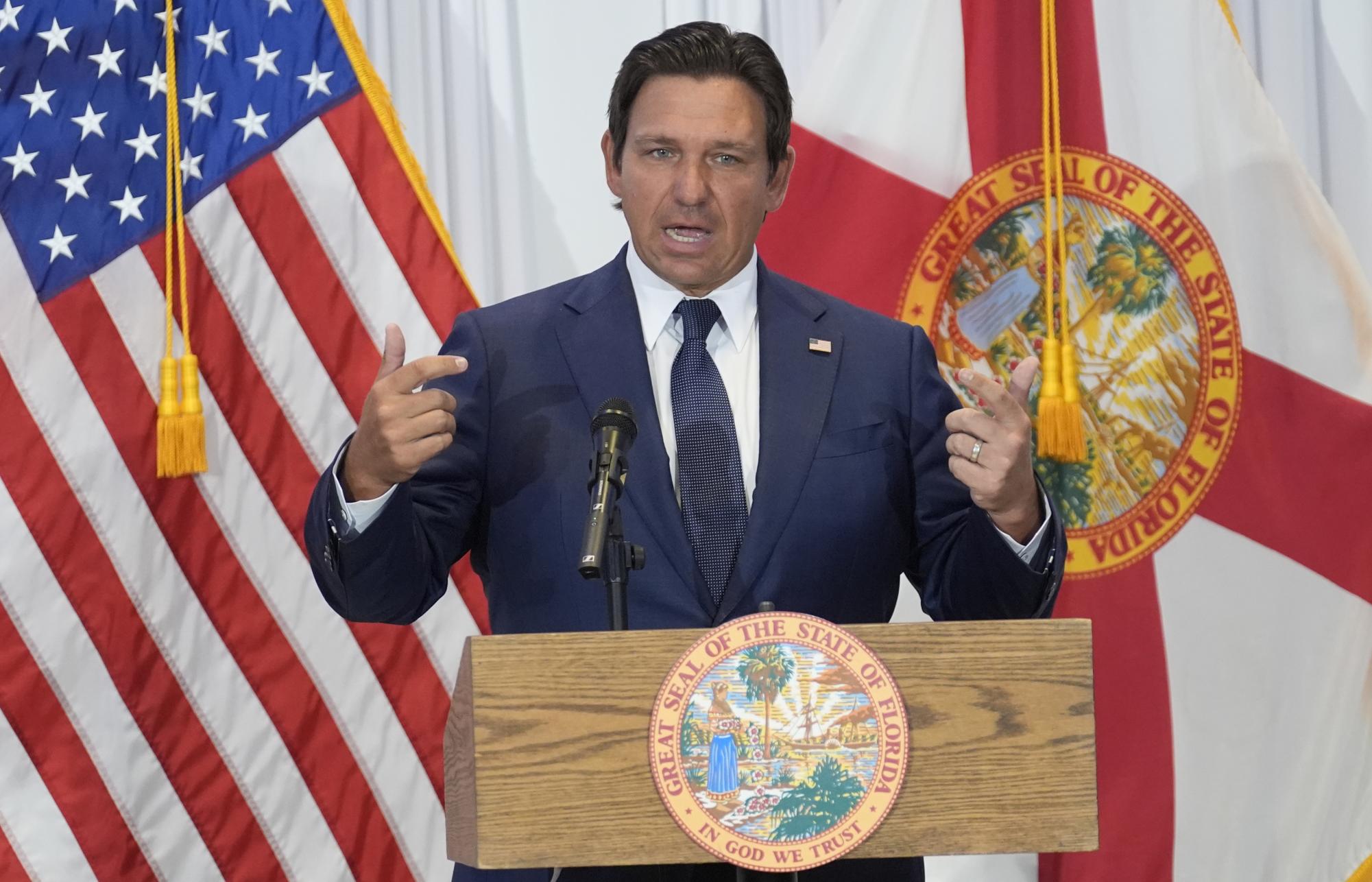 Florida Gov. Ron DeSantis during a news conference Aug. 12, 2025, in Tampa, Fla. (AP Photo/Chris O'Meara)