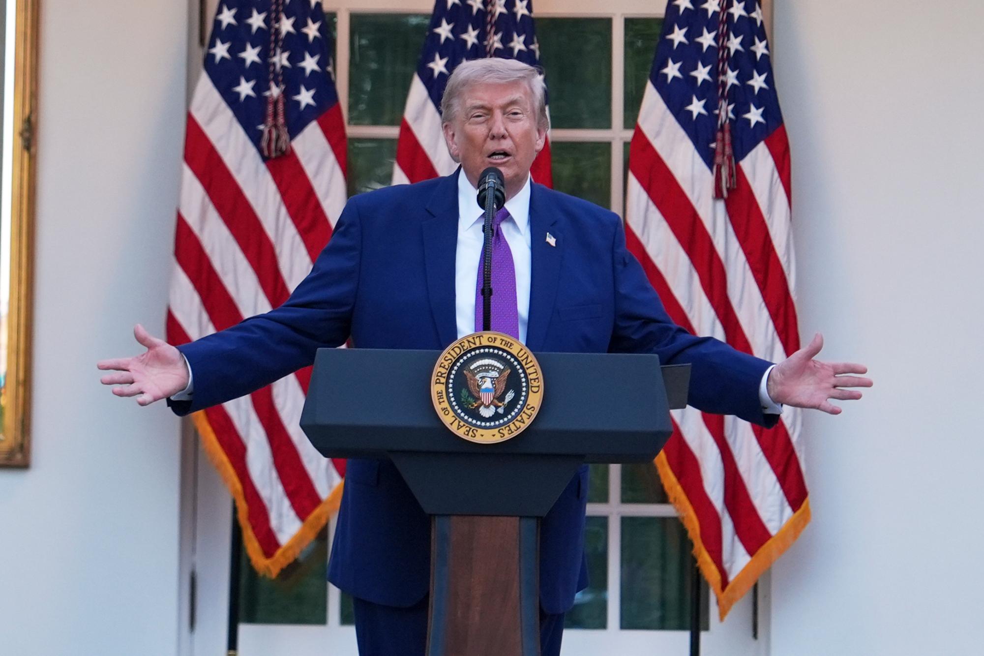 President Donald Trump speaks at the White House Rose Garden, Monday, May 11, 2026, in Washington. (AP Photo/Julia Demaree Nikhinson)